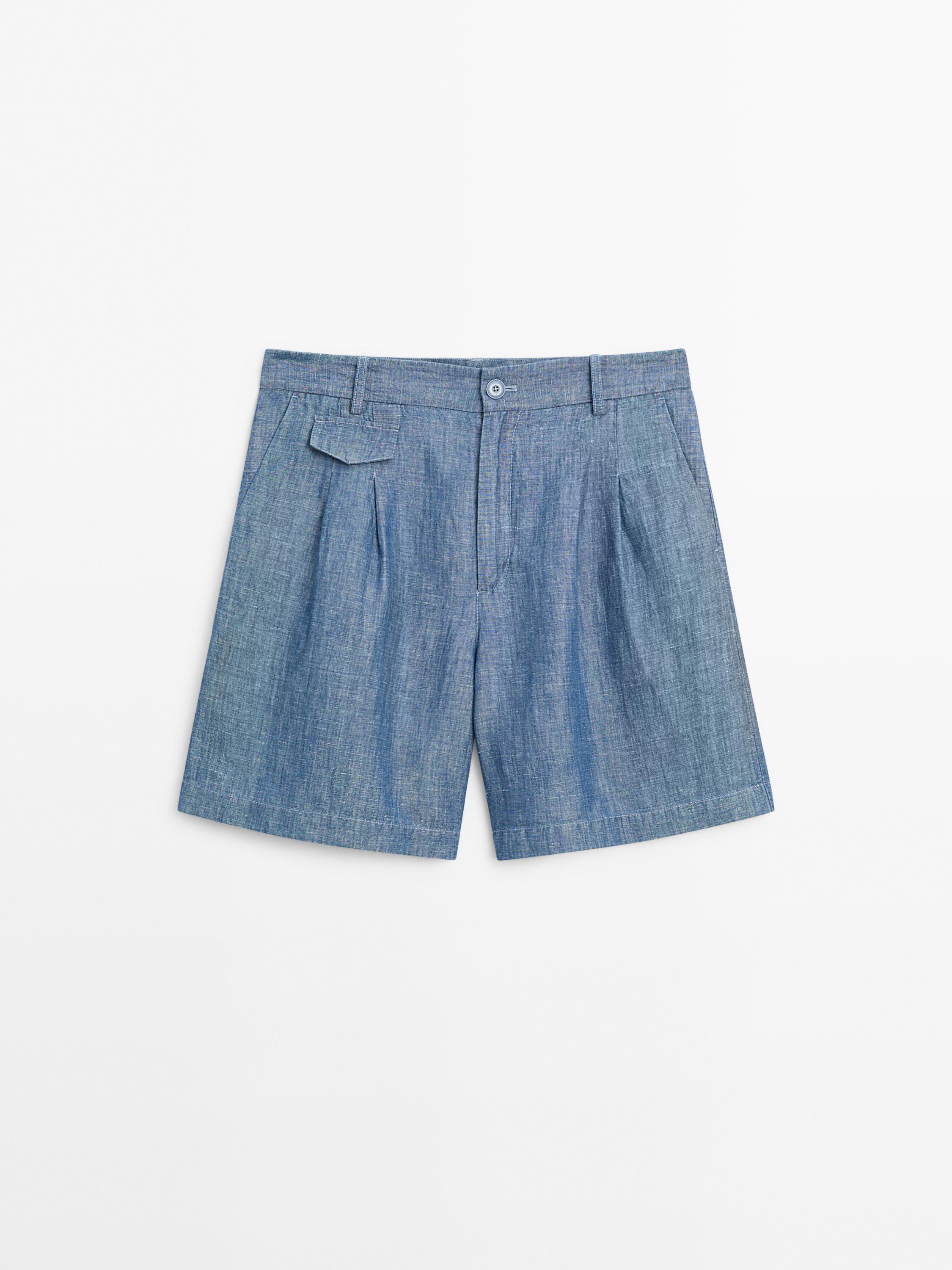Cotton and linen Bermuda shorts with pocket detail